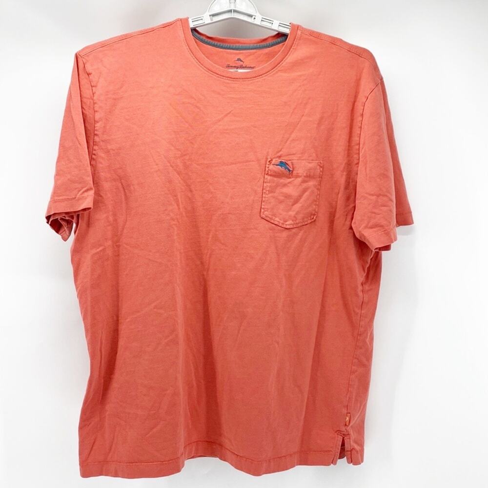 Tommy Bahama salmon coral front side pocket Light blue cotton T-shirt size XL